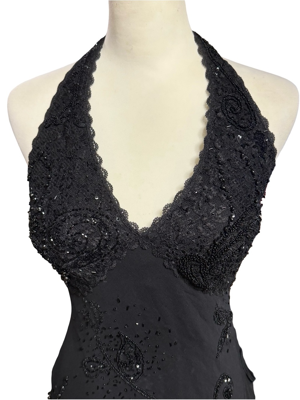 Vintage Y2K Cache Black Pure Silk Beaded Halter Mermaid Maxi Gown Dress Sz 8 - Picture 3 of 16